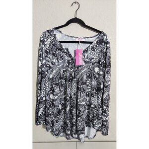 Halife Shirt Womens 2XL Black White Paisley Print Long Sleeve Button Top XXL